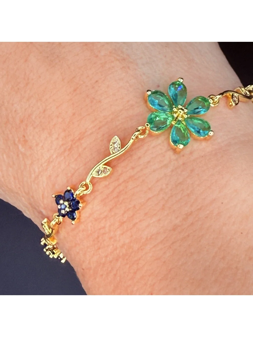 candy+clover teal green and blue sakura flower vine gold tone bracelet